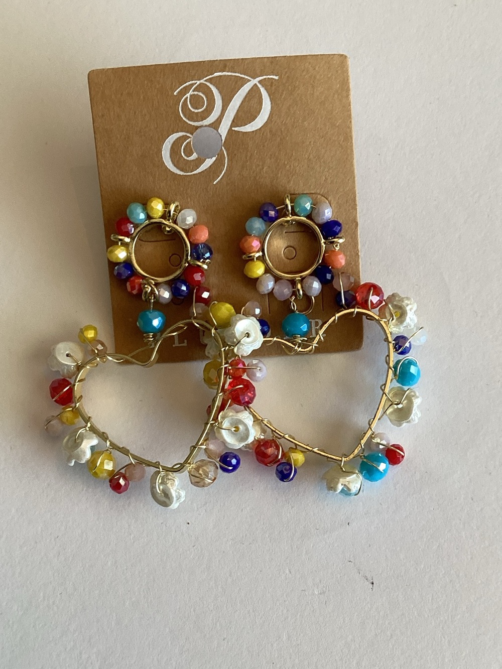 Plunder‎ Gold Heart Hoop Earrings with Multicolor Beads